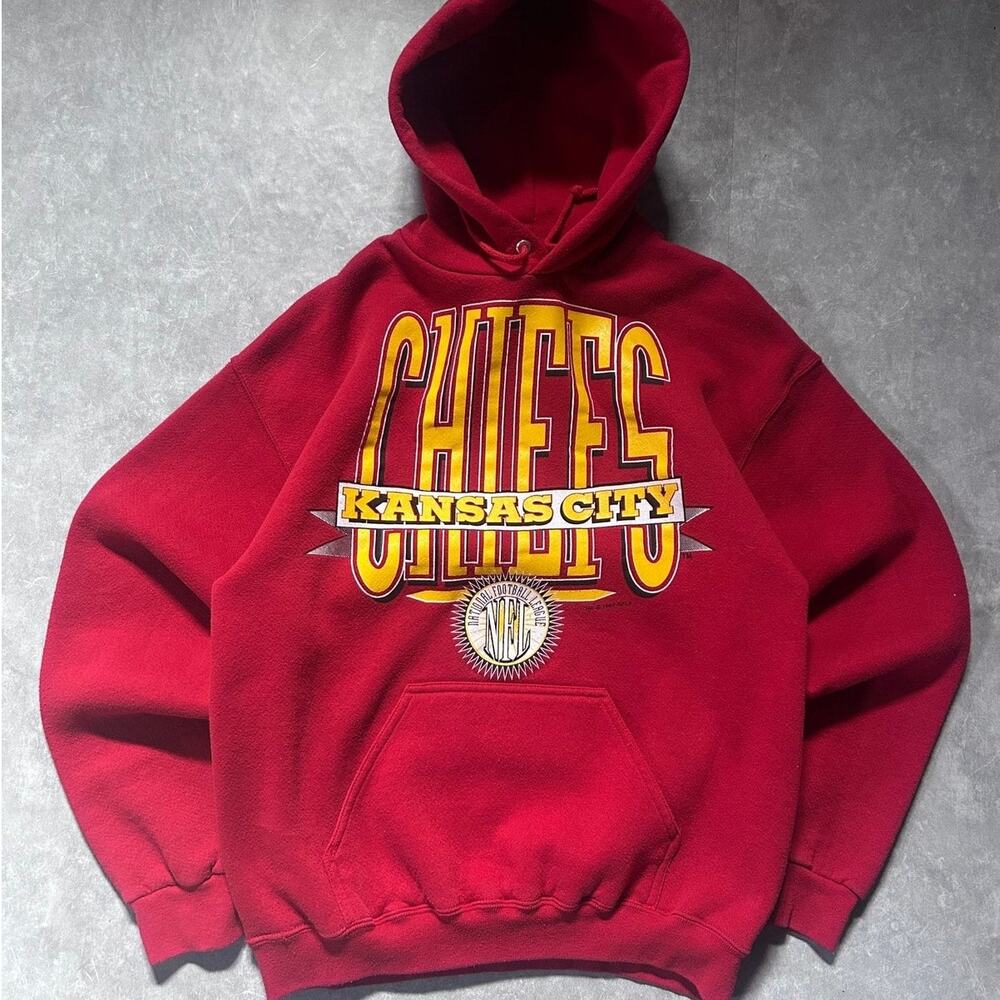 90s Vintage Kansas City Chiefs Logo7 Red Hoodie -L